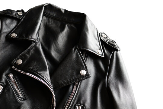Close up of black leather biker jacket collar and lapels isolated on transparent background. Black shiny leather biker jacket highlighting its silver hardware and texture on white background.