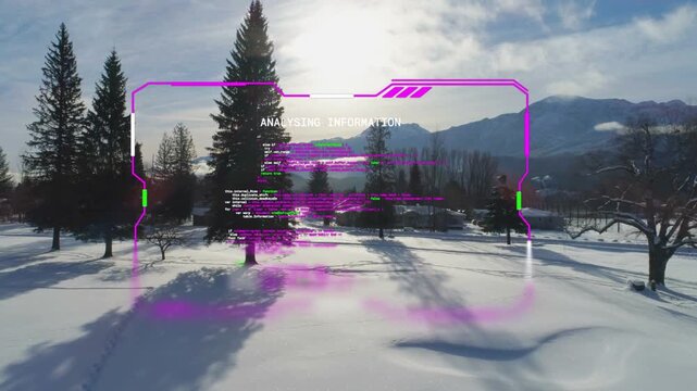 Magenta HUD fading in, scrolling code, projecting smear on snow while view drifting back for scan