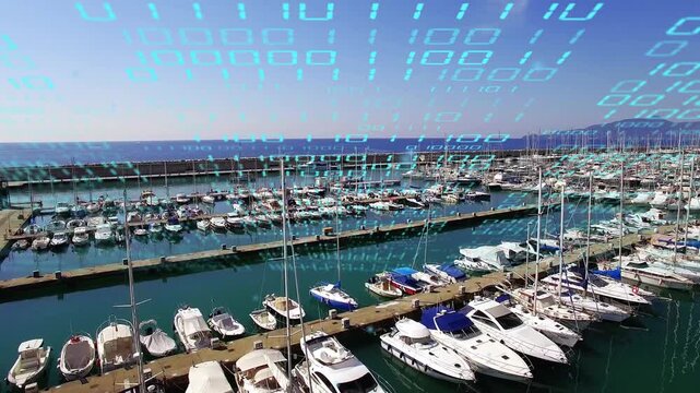 Drone panning right and dropping marina docks drawing closer as cyan numbers shifting showing data