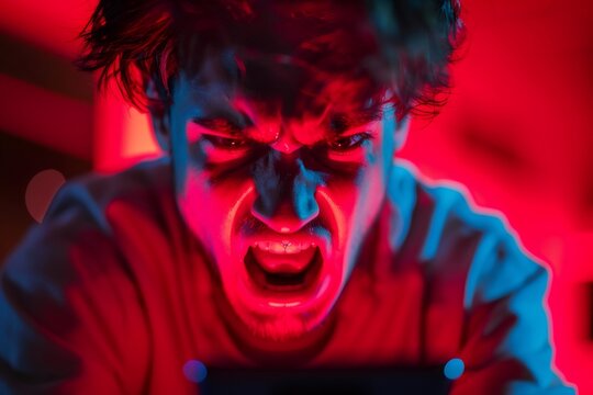 Frustrated man screaming during intense video game session