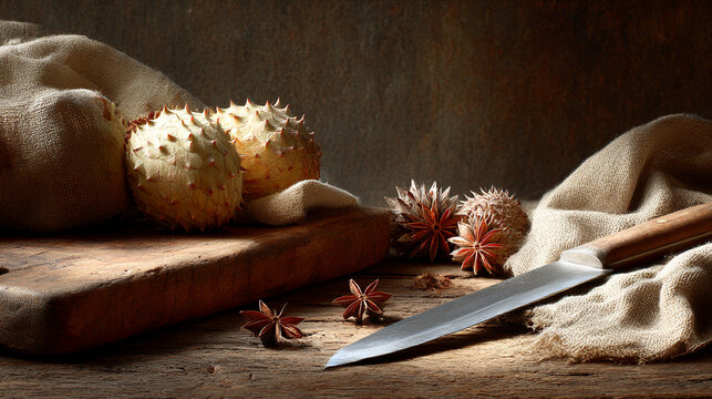 Still life with soursop fruits, star anise, and a chef's knife on a wooden board
