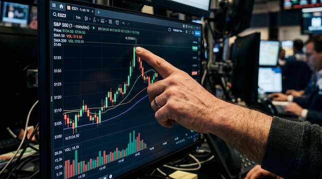 Trader points at S&P 500 candlestick chart on computer screen