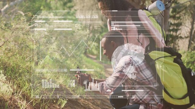 Spotting plant on trail, man crouching and woman leaning, identifying plant using phone tech HUD