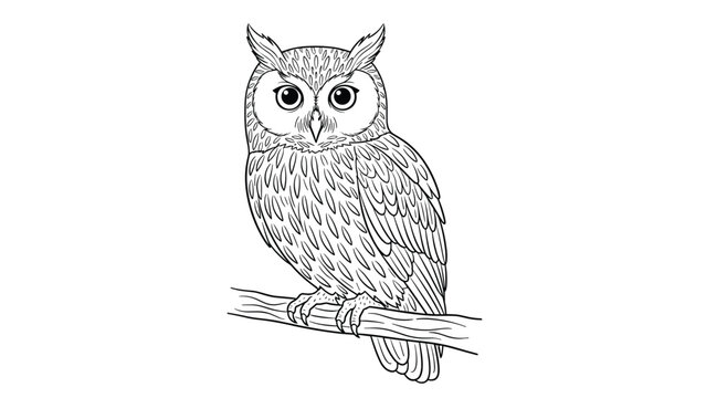 Detailed black and white line art drawing of a wise owl perched on a wooden branch with intricate feather patterns and large eyes.