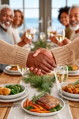 Naklejka premium Friends and family shaking hands over a festive dinner table with roasted meat and wine
