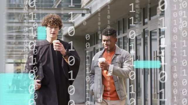Grad walking cap cup, peer gesturing, sequence starting binary data overlays celebrating graduation