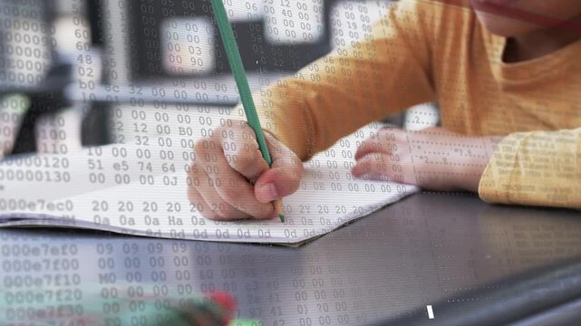 Child girl pressing green pencil to notebook and studying while code overlay appearing then fading