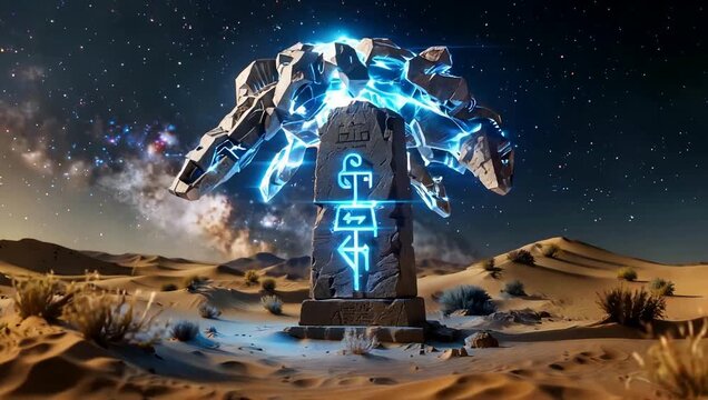 Glowing stone monolith with ancient blue runes and floating energy structure in a desert at night under a starry sky