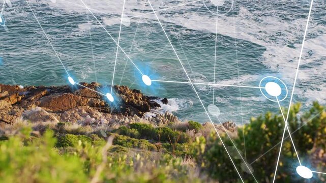 Blue glowing nodes emerging upper-left and moving diagonally, forming network to map coast