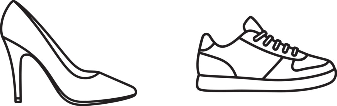 Black and white line of a heel stiletto pump and a casual lace-up sneaker shoe