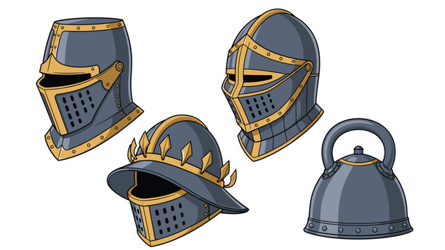 Collection of medieval knight helmets and a kettlebell on a white background, illustrated in a cartoon style.