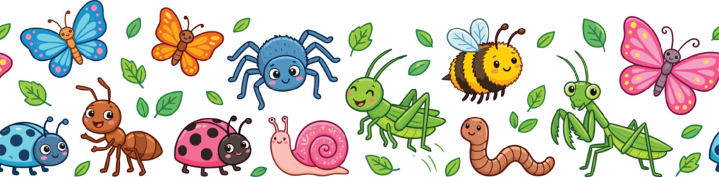 Cute cartoon insects border with butterfly, bee, ladybug, ant, grasshopper and worm, colorful nature vector illustration design