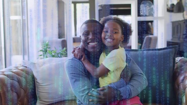 Father hugging daughter on leather sofa, child wrapping arms, causing tech code overlay then fading