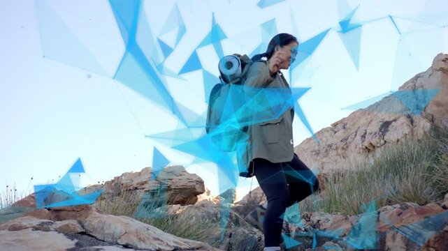 Female outdoor hiker stepping down, shifting, blue overlay moving, bracing pack and reaching higher