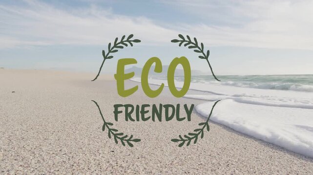 ECO FRIENDLY logo fading in, tilting and shrinking into remnant by shoreline, showing eco branding