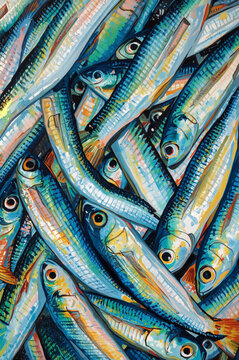 Vibrant Abstract Depiction of Numerous Small Fish in Bright Colors Close Up