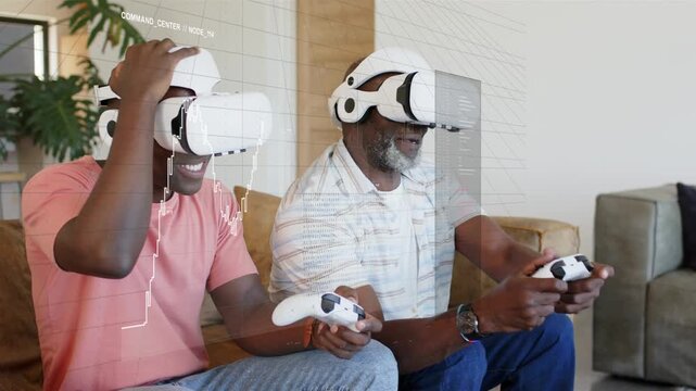Father and son pressing controllers, activating HUD on white VR headsets, celebrating gaming
