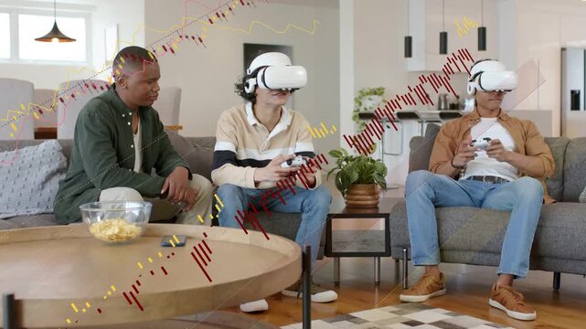 Three friends gaming, two with VR headsets, center using controller leading to overlays appearing