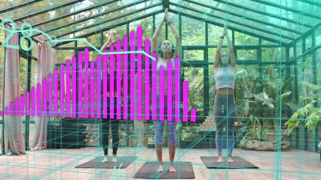 Lead instructing 2 students holding arms up in yoga studio, overlay entering left tracking bars