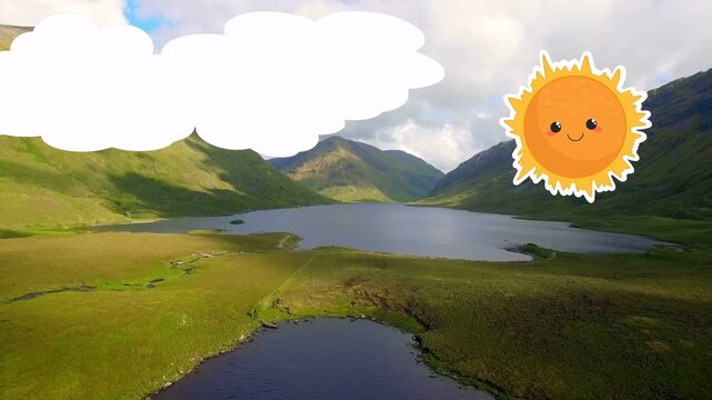 Clouds appearing, sun entering, drifting left, peeking or hiding, showing partly cloudy sky over lak