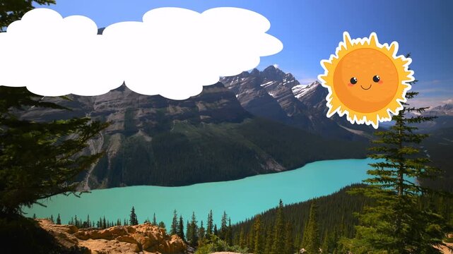 Cloud cutouts appearing top-left drifting across sky, briefly hiding smiling sun over lake panorama