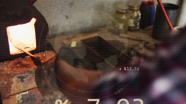 Gloved smith inserting rod into forge, pulling hot bar while HUD charts tracking forging temps