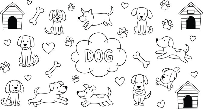 Cute dog doodle seamless pattern with puppies, bones and paws, black and white cartoon pet background vector illustration