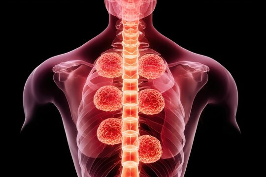Glowing x-ray of human spine showing multiple spinal tumors and metastatic lesions in thoracic region