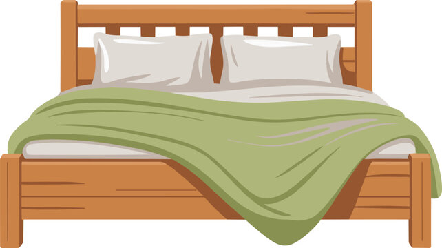 Wooden double bed with pillows and blanket vector on white background.