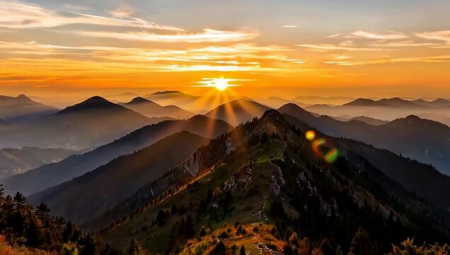 Golden sunburst shining over misty mountain peaks at sunset landscape with orange sky and layered mountain ridges in the wilderness.