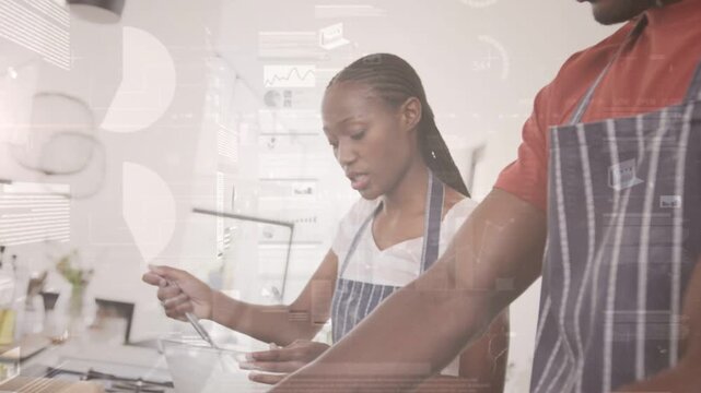 Couple cooking, woman starting whisking bowl while talking, floating labels guiding prep for meal