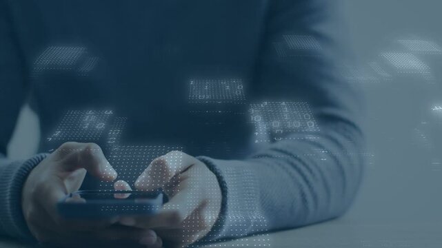 Man keeps tapping smartphone on table as holographic data blocks appear, exploring tech details