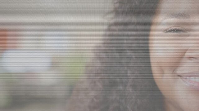 Woman opening eyes leading to smile in right-face close-up scanlines overlaying for marketing