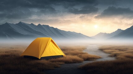 Obraz premium Serene Yellow Tent in Vast Open Landscape with Majestic Mountains and Soft Morning Light, Capturing the Beauty of Nature and Outdoor Adventure