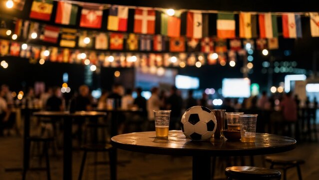 International football fan zone with flags and drinks at night