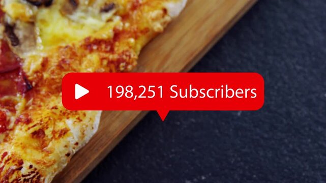 Play-icon appearing triggers red badge counting up, revealing pizza slice, celebrating subs growth