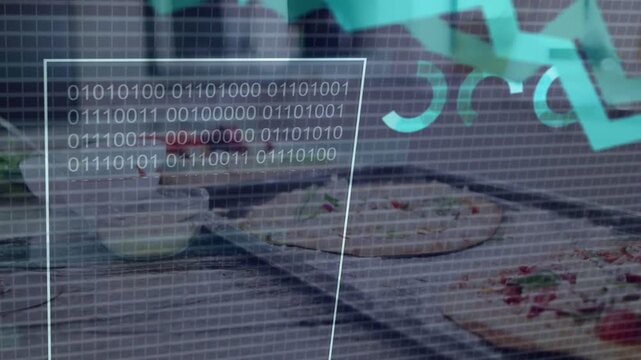 Overlay appearing, pizzas on racks being monitored by animated charts tracking production quality