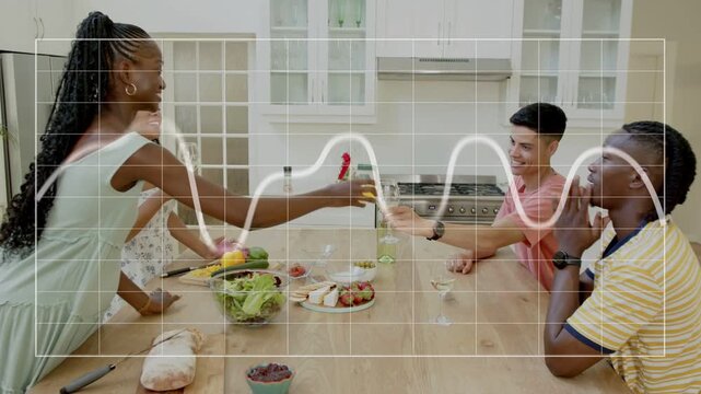 Four adults passing drinks after women handing jug arranging salad, food waveform grid over group