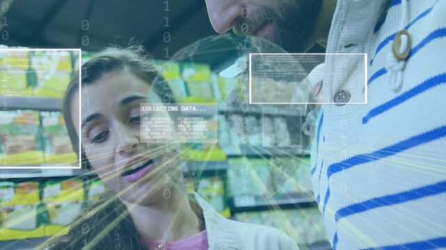Woman lifting bottle man checking, HUD tagging product and analysing data guiding retail choice