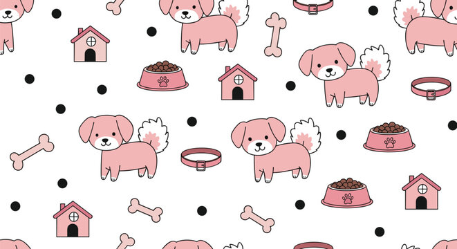 Cute pink dog seamless pattern with pet accessories, bones and bowls, cartoon puppy background vector illustration design
