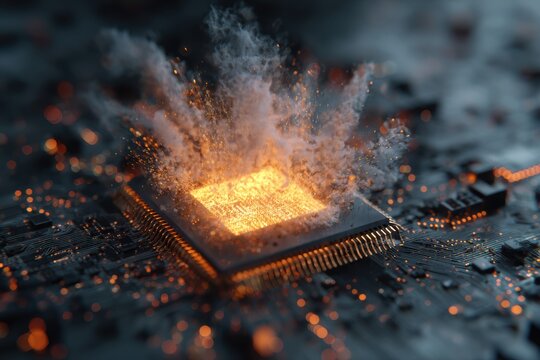 Glowing computer chip exploding with sparks and smoke