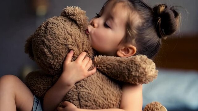 Tracking handheld pan of little girl hugging and kissing teddy bear on bed in cozy home bedroom during daytime