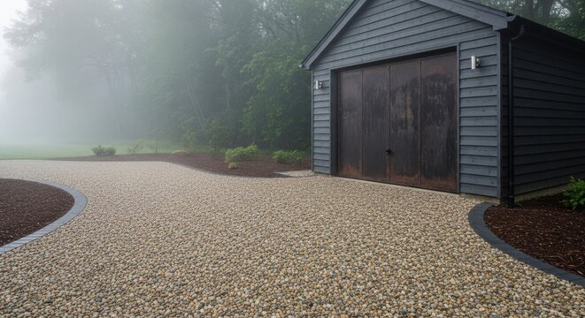 Exposed aggregate gravel driveway with a rustic wooden garage door and misty trees in the background