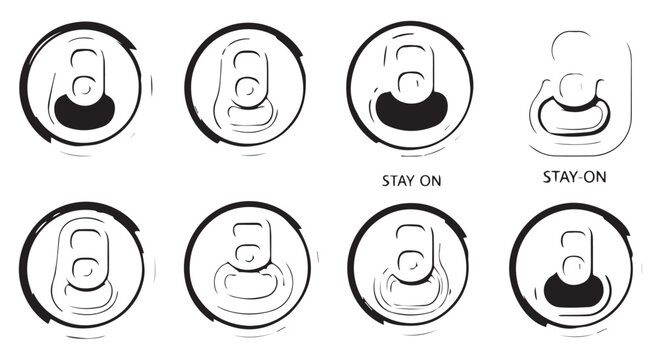 Black and white line art vector illustrations of aluminum can tops with different pull tab designs closed partially opened 'stay on' tabs, aluminum