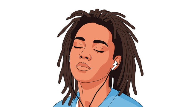 Close-up illustration of a young person with dreadlocks and closed eyes peacefully listening to music using white wired earphones.