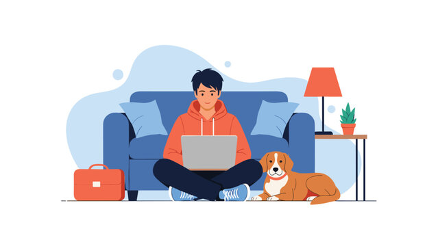 Young man sitting on the floor working on his laptop in a living room with his golden dog resting beside him for remote work concept.