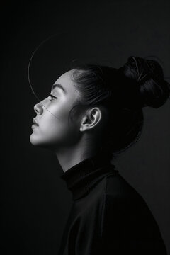 Monochrome Portrait of Elegant Woman Profile with Hair Bun on Dark Background