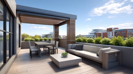 Obraz premium Modern rooftop terrace with stylish furniture, serene views, and bright blue sky, perfect for relaxation and outdoor gatherings in urban settings