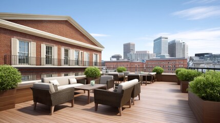 Obraz premium Modern outdoor terrace with lounge seating and city skyline view on sunny day showcasing urban architecture and inviting atmosphere for relaxation