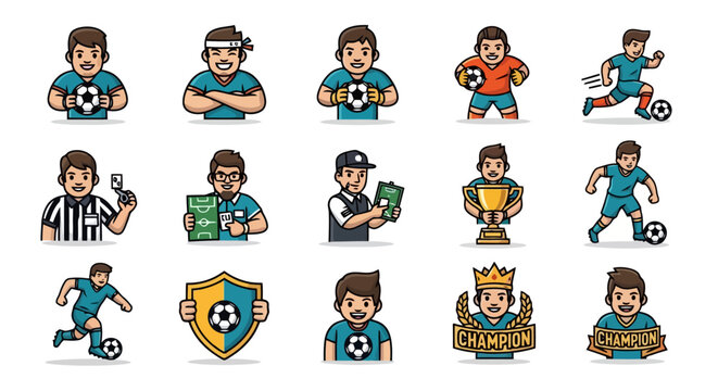 Collection of cartoon soccer icons representing players, referees, trophies, and team emblems, perfect for sports-themed designs.